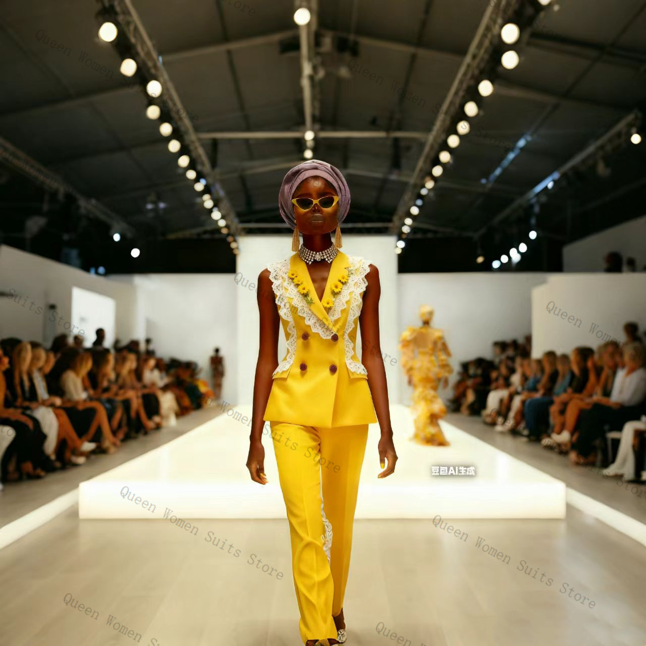 Women Formal Wear Vest - Yellow White Lace Women Suit Pants