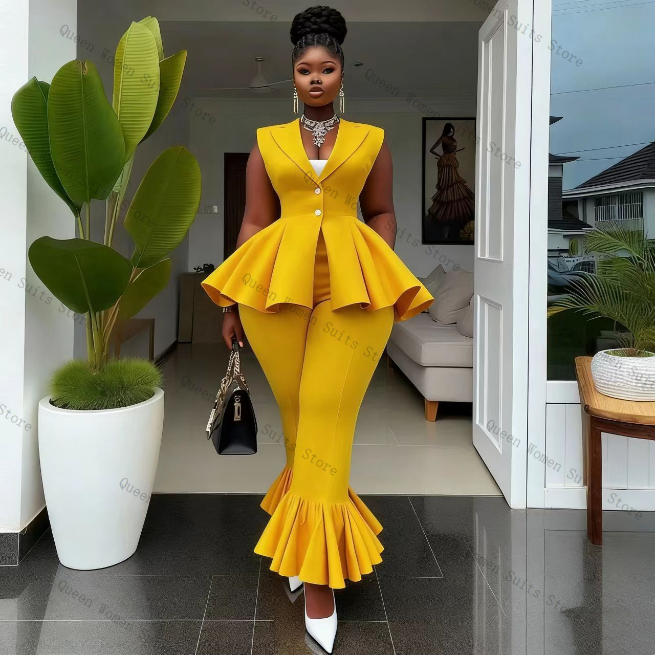 Yellow Women Suit Pants Set 2  - đánh giá và giá Women Formal Wear Vest